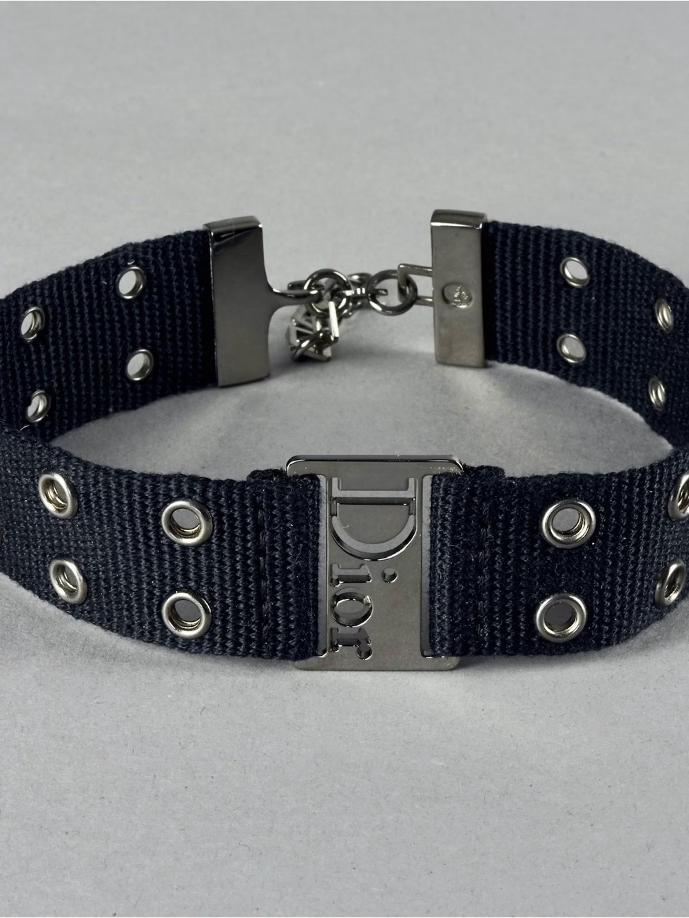 Dior Navy and Silver Logo-Plate Grommet Choker